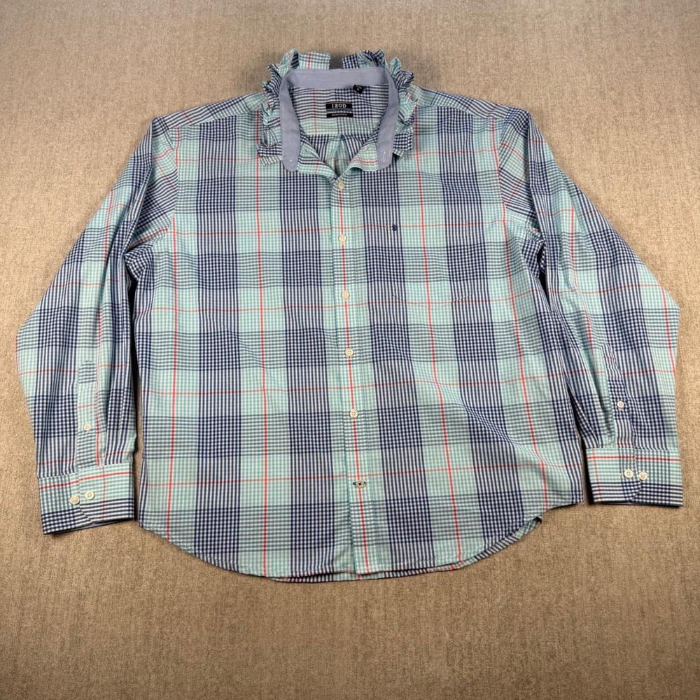 IZOD Ruffled Collar Button Down Shirt Womens XL Blue Teal Plaid Non-Iron